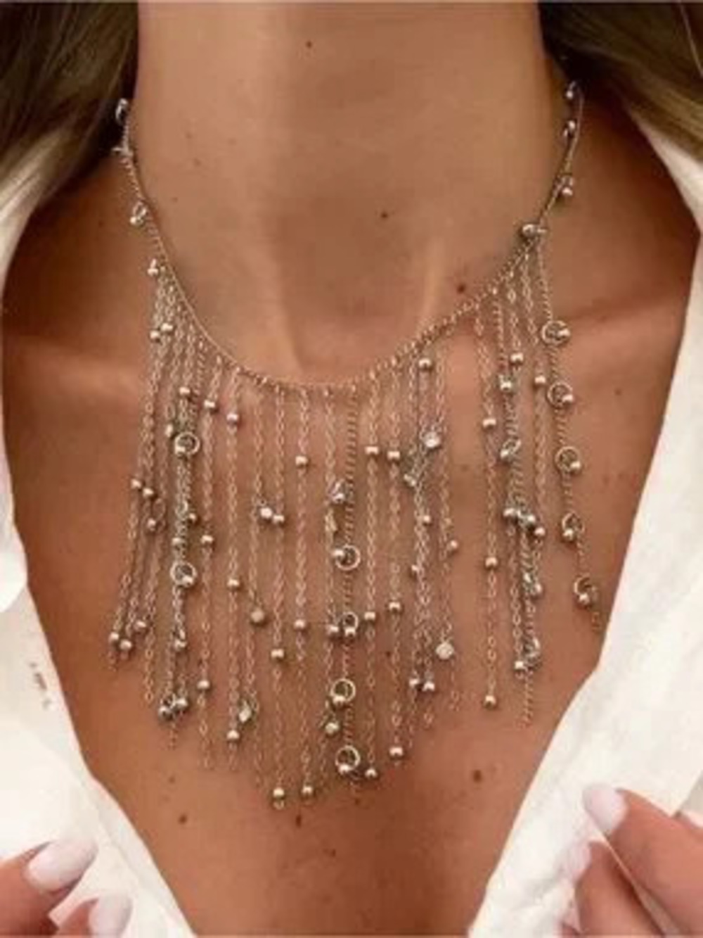 Silver Fringe Cascade Necklace N2465